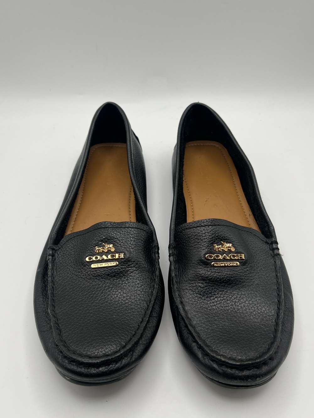 Coach Women’s Marley Driver Black Pebbled Leather Gold Logo Loafers 7.5